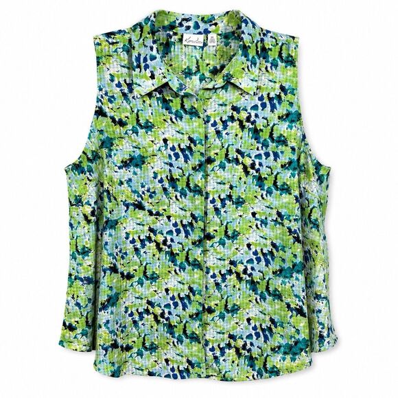 Kim Rogers Tops - Kim Rogers Women’s Size 2X Sleeveless Button Front Blouse Green Blue Abstract Pr
